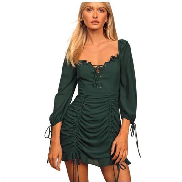 Lulus Dresses & Skirts - Lulus NWT Green Queen Anne Neck Ruched Ruffle Mini Dress M